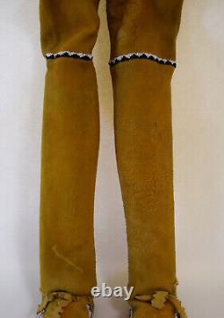 Pair Vintage Native American Apache Beaded Tan Knee High Leather Moccasins