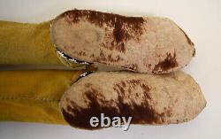 Pair Vintage Native American Apache Beaded Tan Knee High Leather Moccasins