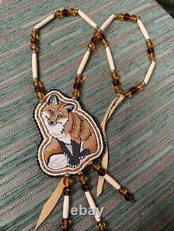 Red fox beaded medallion native american made pow wow regalia native beadwork