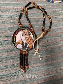 Red fox beaded medallion native american made pow wow regalia native beadwork