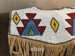 Stunning Native American Hand Sewn Beaded Yoke Collar With Leather Fringes