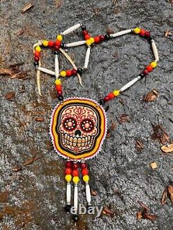 Sugar skull necklace dia de los muertos Native American Beadwork Medallion