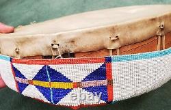 VINTAGE NATIVE AMERICAN PLAINS INDIAN BEADED DRUM With GREAT BEADWORK tuvi