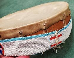 VINTAGE NATIVE AMERICAN PLAINS INDIAN BEADED DRUM With GREAT BEADWORK tuvi