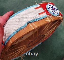 VINTAGE NATIVE AMERICAN PLAINS INDIAN BEADED DRUM With GREAT BEADWORK tuvi