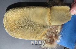 VTG. HANDMADE BEADED LEATHER & FELT CANADIAN Native American MITTS FUR TRIM