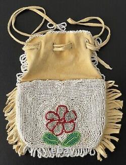 VTG Native American Indian Suede & Beaded (Both Sides) Seed Bead Pouch Floral