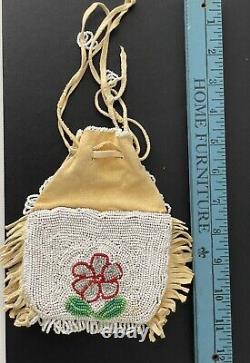 VTG Native American Indian Suede & Beaded (Both Sides) Seed Bead Pouch Floral