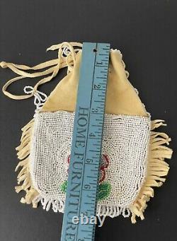 VTG Native American Indian Suede & Beaded (Both Sides) Seed Bead Pouch Floral