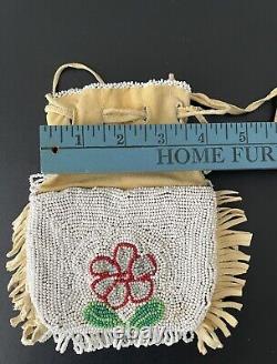 VTG Native American Indian Suede & Beaded (Both Sides) Seed Bead Pouch Floral