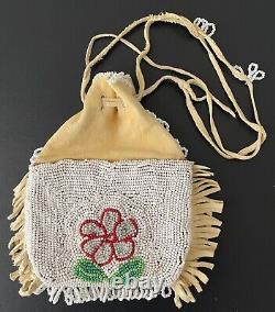 VTG Native American Indian Suede & Beaded (Both Sides) Seed Bead Pouch Floral