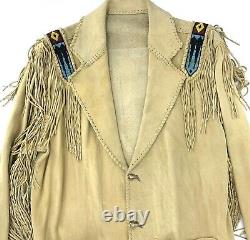 Vintage Native American Beaded Deerskin Jacket Fringe Tooth Claw Button Handmade