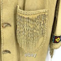 Vintage Native American Beaded Deerskin Jacket Fringe Tooth Claw Button Handmade