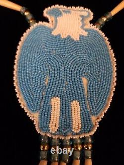 Vintage Native American Eagle large Beaded Blue and White Necklace