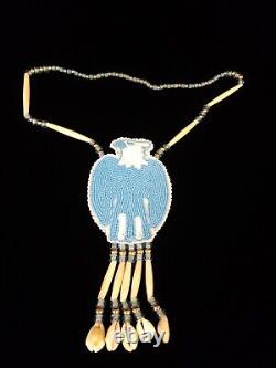 Vintage Native American Eagle large Beaded Blue and White Necklace