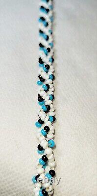 Vintage Native American Handmade Beaded/Leather Necklace/Turquois Black & White