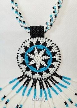 Vintage Native American Handmade Beaded/Leather Necklace/Turquois Black & White