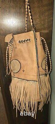 Vintage Native American Handmade Leather Tan Drawstring Satchel Purse Bag Fringe