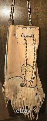 Vintage Native American Handmade Leather Tan Drawstring Satchel Purse Bag Fringe