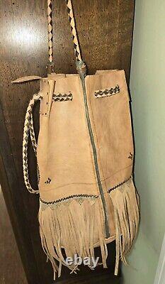 Vintage Native American Handmade Leather Tan Drawstring Satchel Purse Bag Fringe