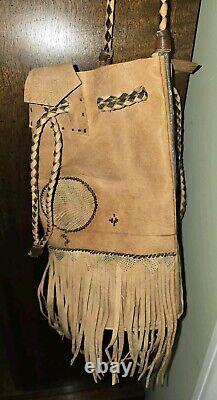 Vintage Native American Handmade Leather Tan Drawstring Satchel Purse Bag Fringe