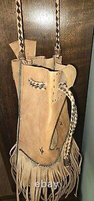 Vintage Native American Handmade Leather Tan Drawstring Satchel Purse Bag Fringe