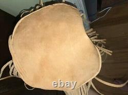 Vintage Native American Handmade Leather Tan Drawstring Satchel Purse Bag Fringe