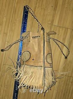 Vintage Native American Handmade Leather Tan Drawstring Satchel Purse Bag Fringe