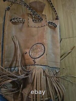 Vintage Native American Handmade Leather Tan Drawstring Satchel Purse Bag Fringe