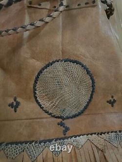 Vintage Native American Handmade Leather Tan Drawstring Satchel Purse Bag Fringe