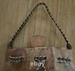 Vintage Native American Handmade Leather Tan Drawstring Satchel Purse Bag Fringe