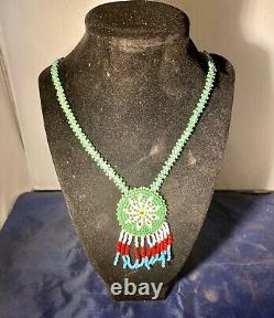 Vintage Native American Lakota Sioux Indian Beaded Leather Medallion Necklace
