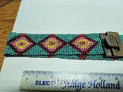 Vintage Native American Seed Bead Belt Handcarved Wood Latch Buckle