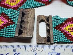 Vintage Native American Seed Bead Belt Handcarved Wood Latch Buckle