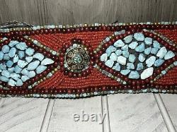 Vintage Native American Turquoise, Coral, Brass Handmade Belt One Of A Kind