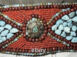 Vintage Native American Turquoise, Coral, Brass Handmade Belt One Of A Kind