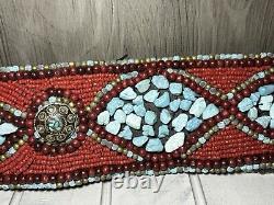 Vintage Native American Turquoise, Coral, Brass Handmade Belt One Of A Kind