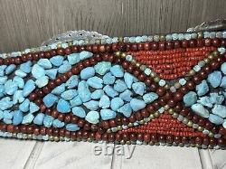 Vintage Native American Turquoise, Coral, Brass Handmade Belt One Of A Kind