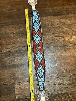 Vintage Native American Turquoise, Coral, Brass Handmade Belt One Of A Kind