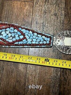 Vintage Native American Turquoise, Coral, Brass Handmade Belt One Of A Kind