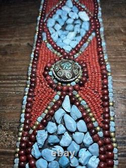 Vintage Native American Turquoise, Coral, Brass Handmade Belt One Of A Kind