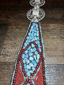 Vintage Native American Turquoise, Coral, Brass Handmade Belt One Of A Kind