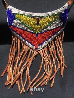 Vtg Native American Bead Beadwork Hand Made Hyde Fringe Tribal Regalia Necklace