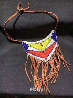 Vtg Native American Bead Beadwork Hand Made Hyde Fringe Tribal Regalia Necklace