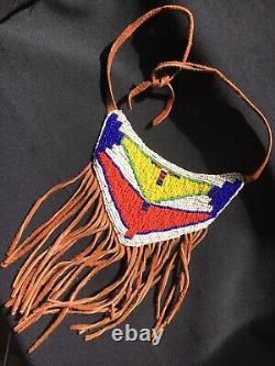 Vtg Native American Bead Beadwork Hand Made Hyde Fringe Tribal Regalia Necklace