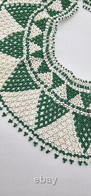 Vtg Native American Handmade Beadwork Bib Collar Necklace White Green 17x3.5