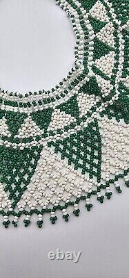 Vtg Native American Handmade Beadwork Bib Collar Necklace White Green 17x3.5
