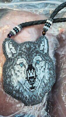 Wolf Medallion- Native American Handmade Beadwork With lanyard